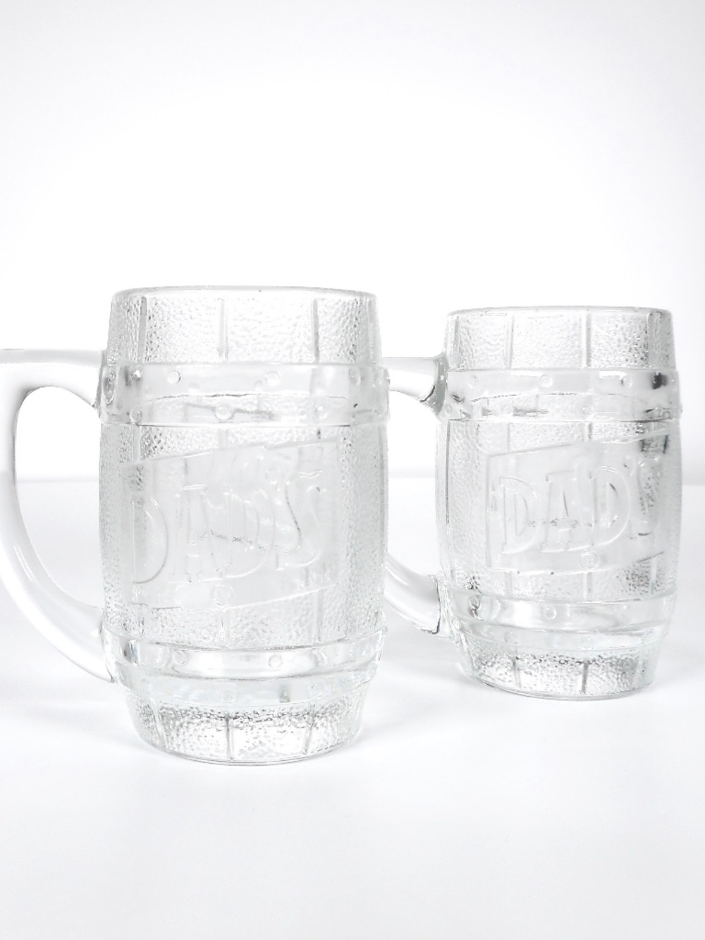 2 Set VTG 50s 60s Dad's Root Beer Heavy Glass Barrel Shaped Mug 5.25" Tall